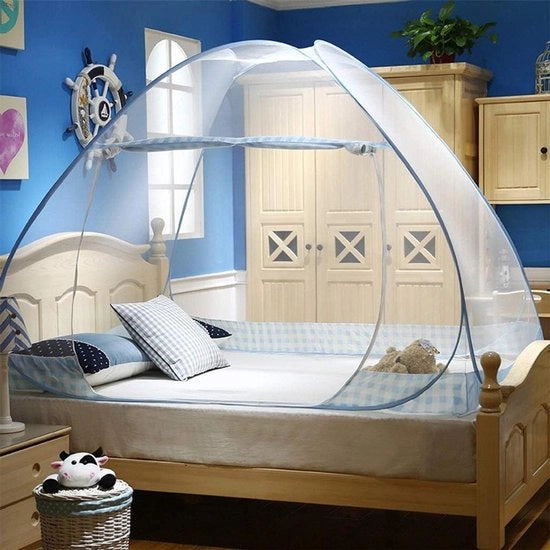 Klamboe Opvougbile per 2 Persone (150x200cm) - Rete per Insetti Portatile con Porta Doppia Facile da Installare - Klamboe a Stile Yurt Universale - Bordo Blu