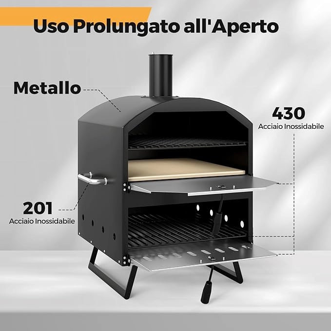 Forno per Pizza a Legna da Esterno da 40 cm, Bruciatore Pizza a 2 Strati con Pietra Quadrata, Pala per Pizza, Griglie da Cucina e Copertura, Forno Portatile per Campeggio, Giardino, BBQ
