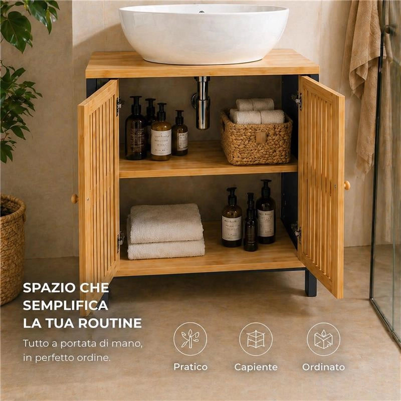MOBILE SOTTOLAVABO IN LEGNO NERO CON 2 ANTE IN BAMBOO DIMENSIONI 60X30X70 CM