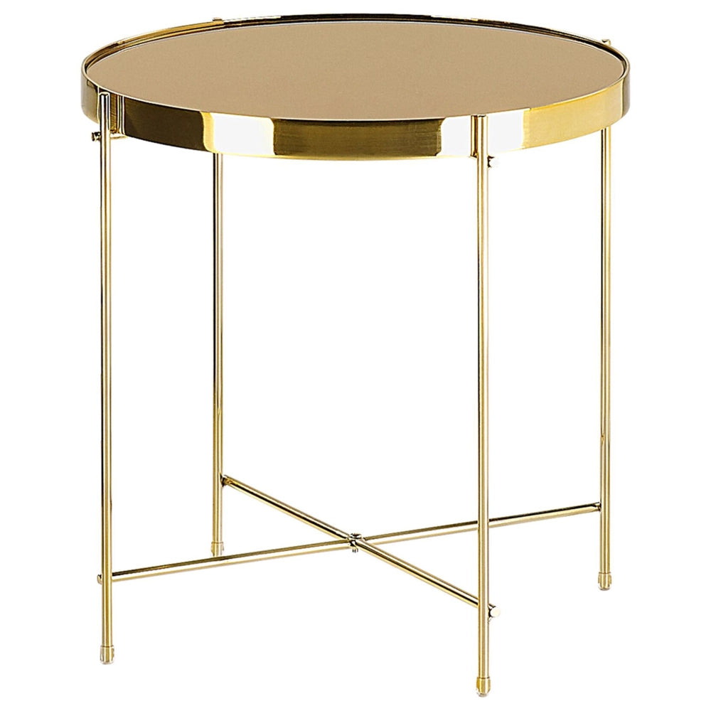 Tavolino Piano In Vetro Temperato Marrone Dorato Gambe In Metallo dorato Rotondo Glam Lucido