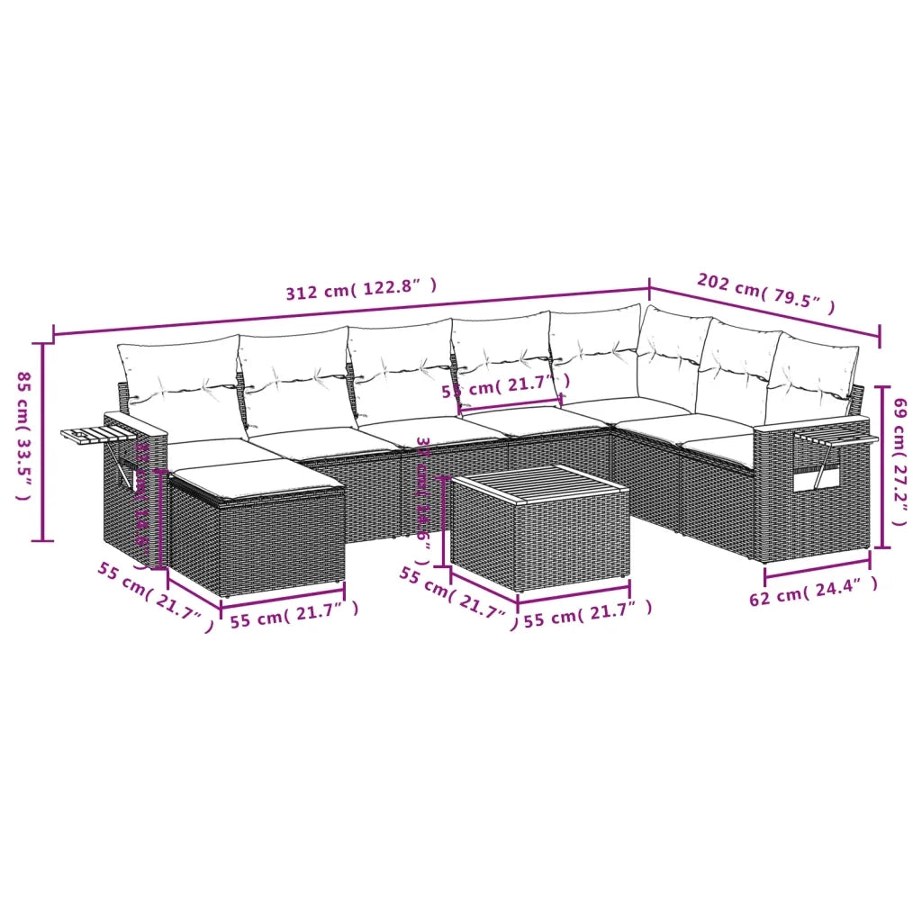 Set Divani da Giardino 9 pz con Cuscini Nero in Polyrattan 3227092