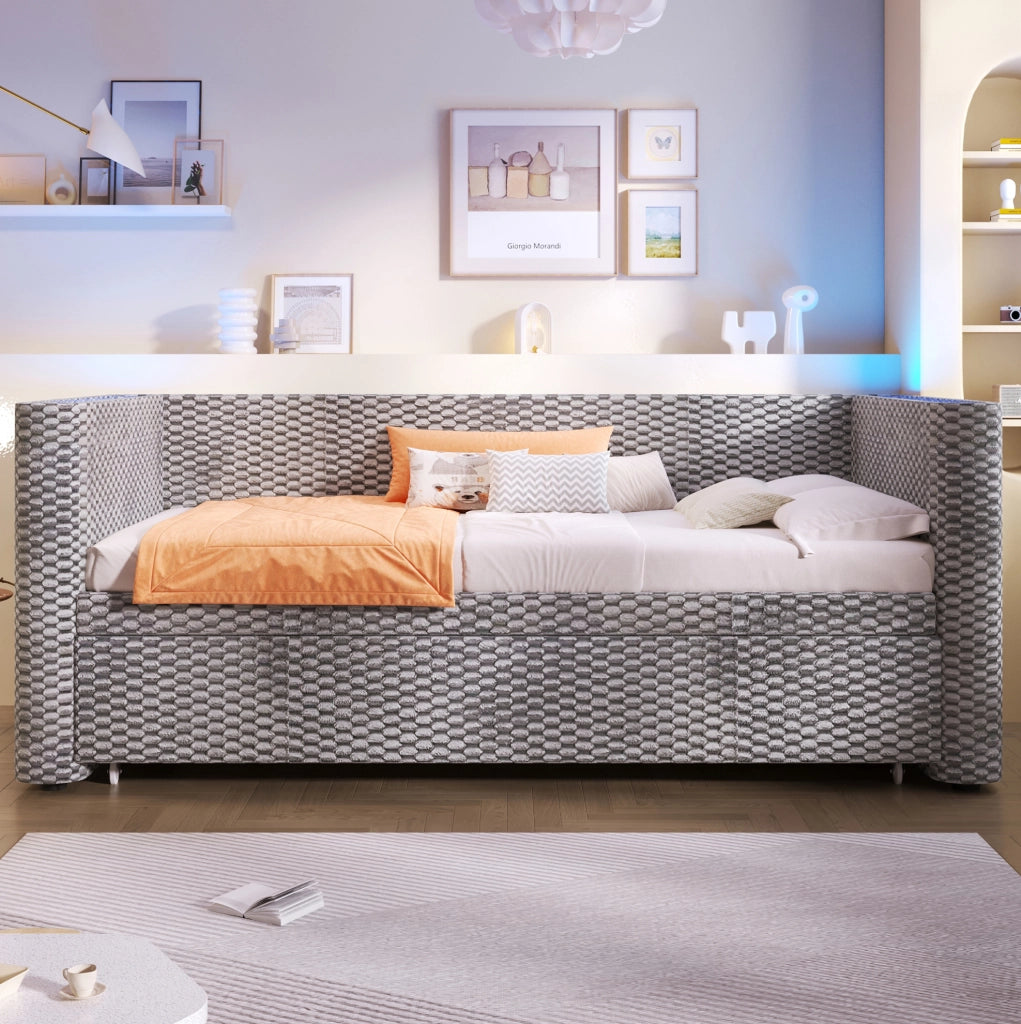 Letto estraibile multifunzione in velluto grigio con LED