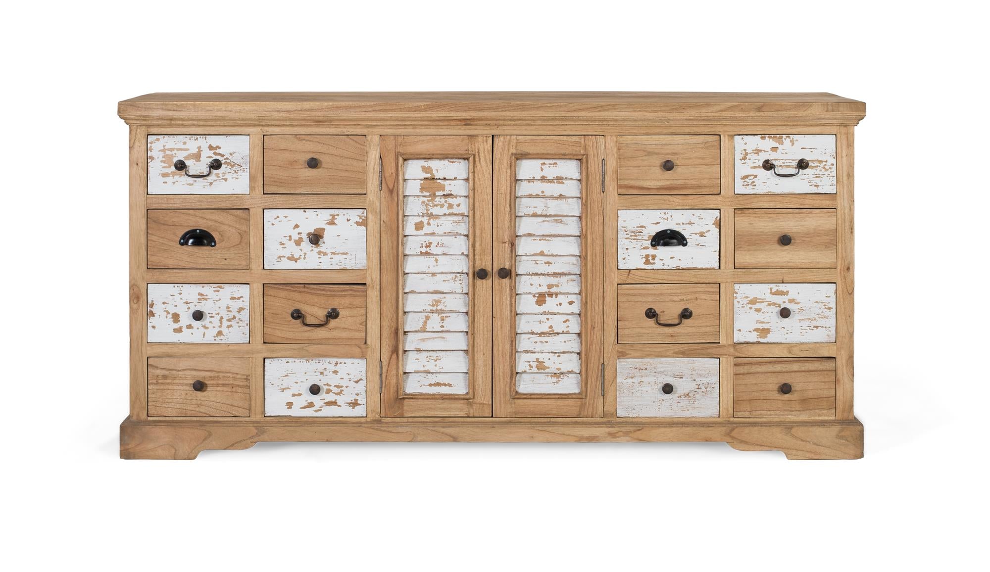 Credenza rustica in legno massello di mindi con 12 cassetti e 2 ante
