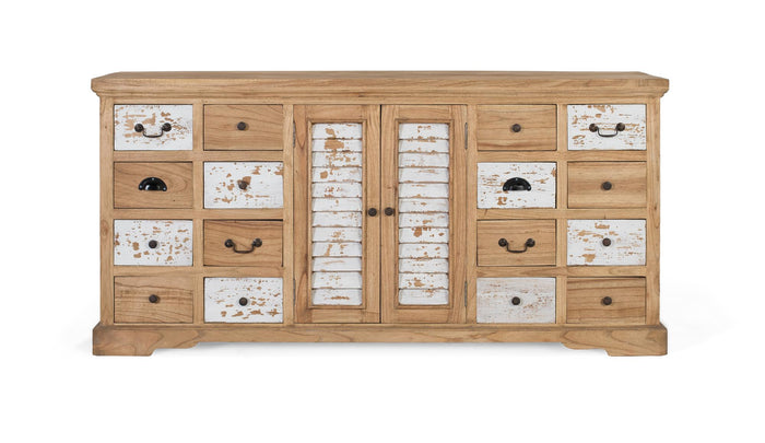Credenza rustica in legno massello di mindi con 12 cassetti e 2 ante