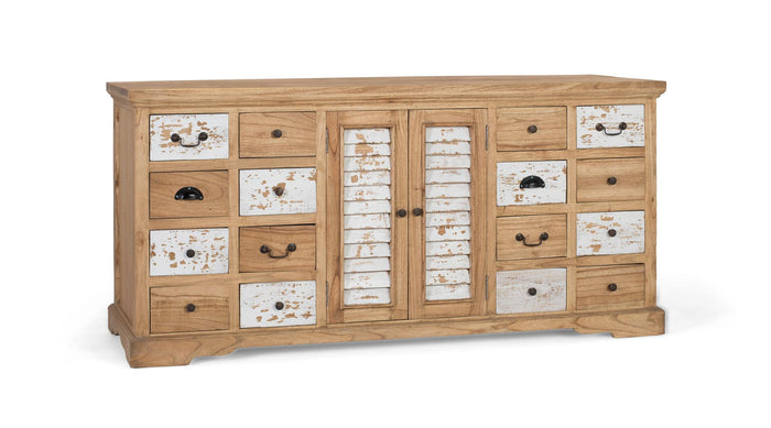 Credenza rustica in legno massello di mindi con 12 cassetti e 2 ante