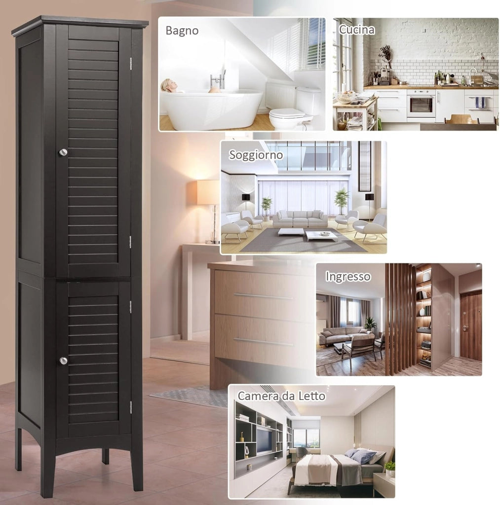 Mobile da Bagno Alto con 2 Ante 37 x 37 x 160cm, Armadio da Terra con 5 Vani, Mobile Colonna per Bagno Cucina Soggiorno (Marrone)