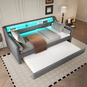 OKWISH Letto a Divano 90×200 cm, Letto Singolo con LED Regolabile, USB e Letto Estraibile 90×190 cm, senza Materasso, in Lino, Grigio