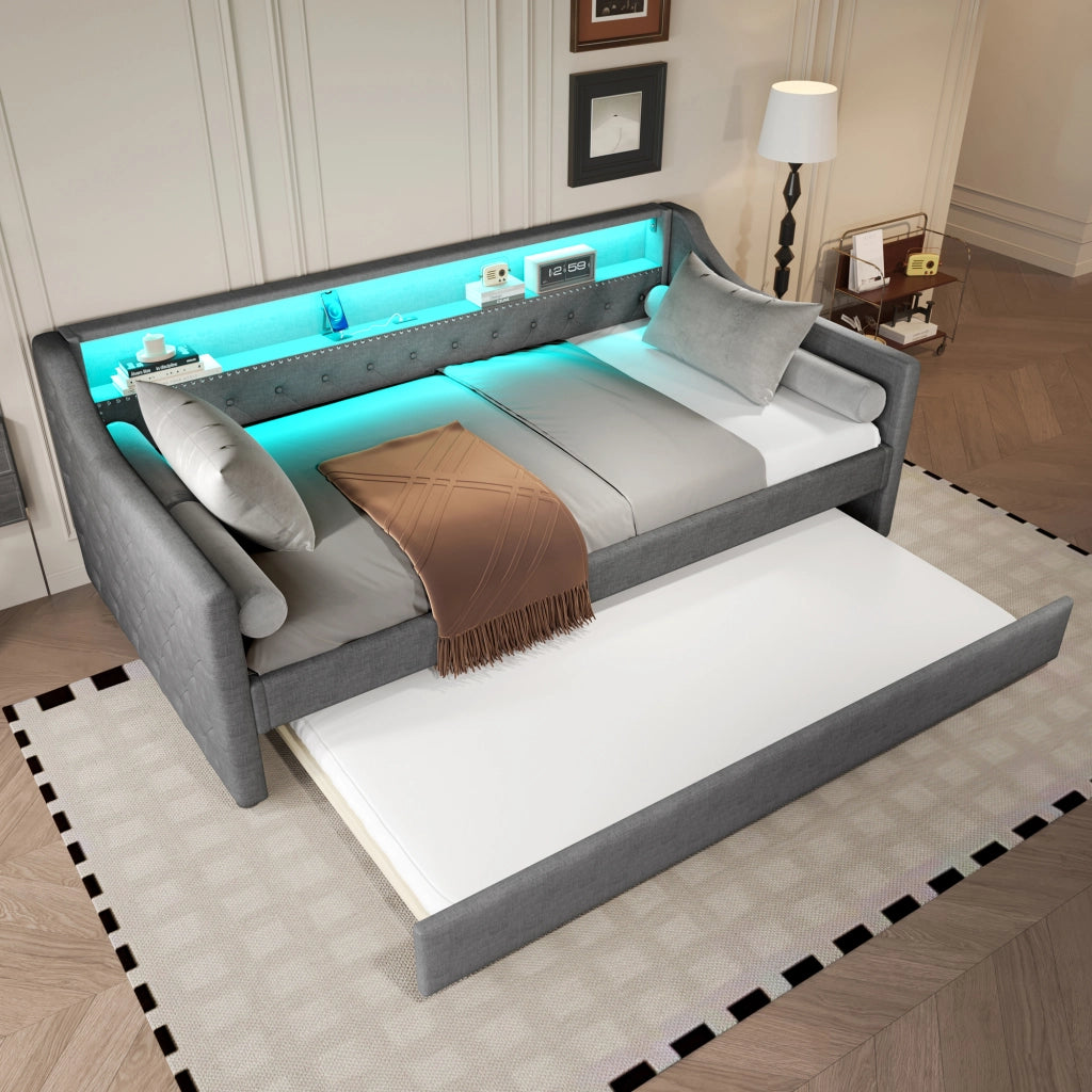 OKWISH Letto a Divano 90×200 cm, Letto Singolo con LED Regolabile, USB e Letto Estraibile 90×190 cm, senza Materasso, in Lino, Grigio