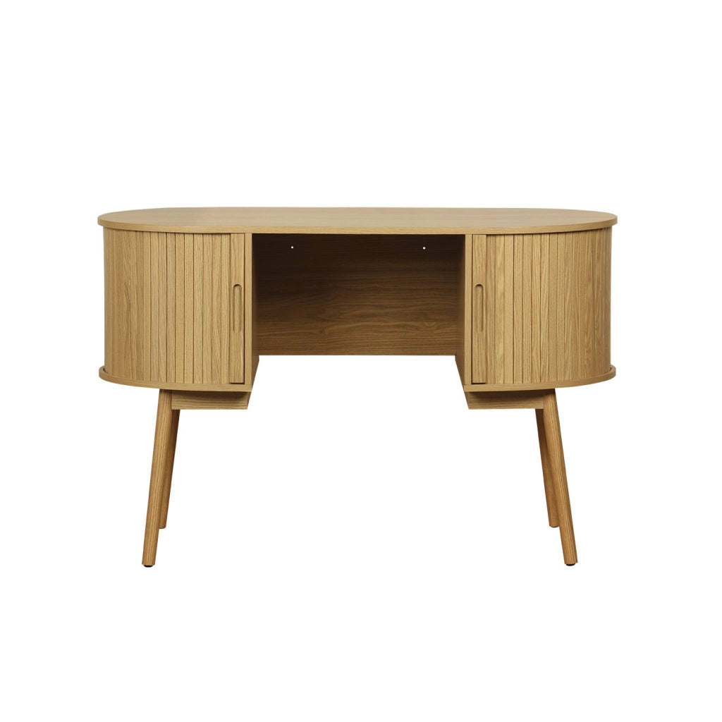 Scrivania ovale con effetto legno scanalato e due vani portaoggetti,