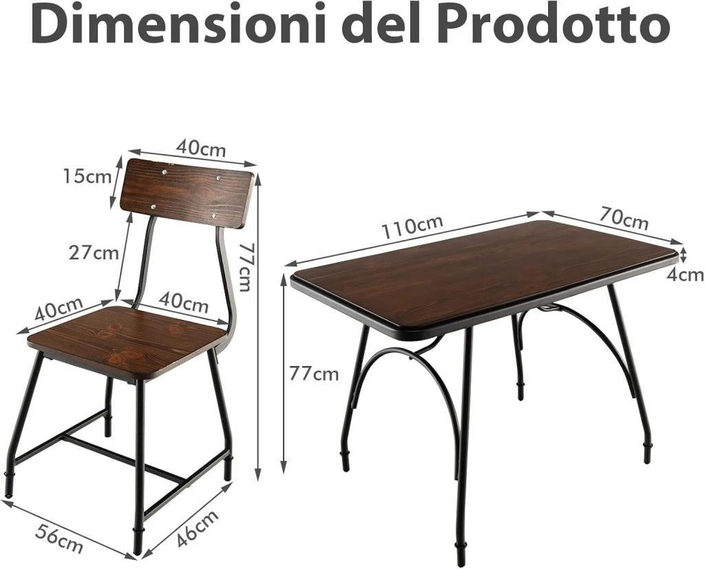 Set Tavolo e 4 Sedie da Pranzo, Set da Pranzo in Stile Industriale con Struttura di Metallo, Set Tavolo Rettangolare per Cucina Ristorante, Marrone (Set Tavolo e 4 Sedie)