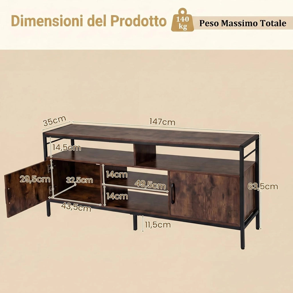 Mobile TV per Soggiorno, Mobile TV con 4 Ripiani Aperti e 2 Armadietti Chiusi, per Televisori fino a 65 Pollici, Stile Industriale con Struttura in Metallo per Camera da Letto (Marrone)