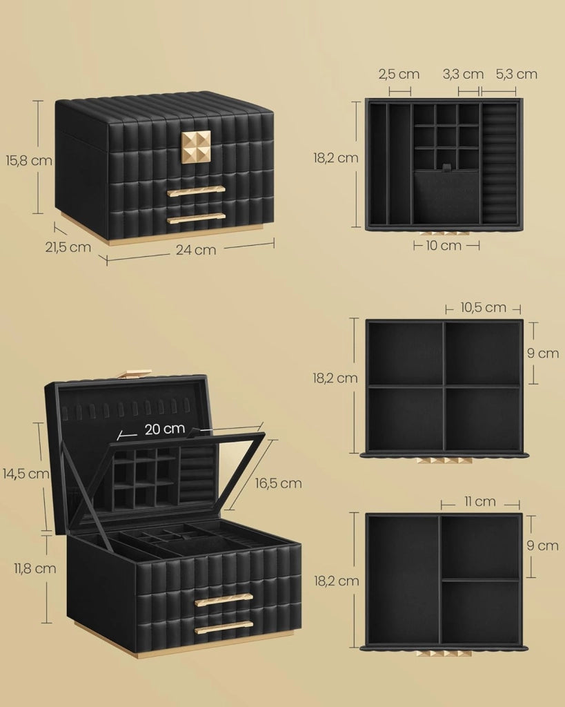 ANAH Collezione - Scatola Portagioie 3 Ripiani con Specchio, Porta Gioielli, 2 Cassetti, PU con Cucitura, Effetto Fluttuante, 21,5 x 24 x 15,8 cm, Idea Regalo, Bianco Nuvola JBC183W01