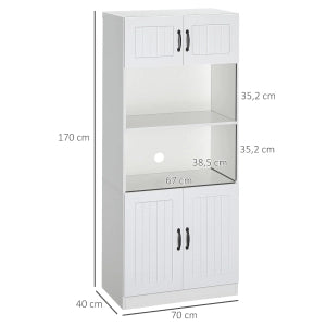 Mobile cucina alto con 4 ripiani e 4 ante, vano aperto per microonde, per soggiorno, in MDF bianco, 70 × 40 × 170 cm