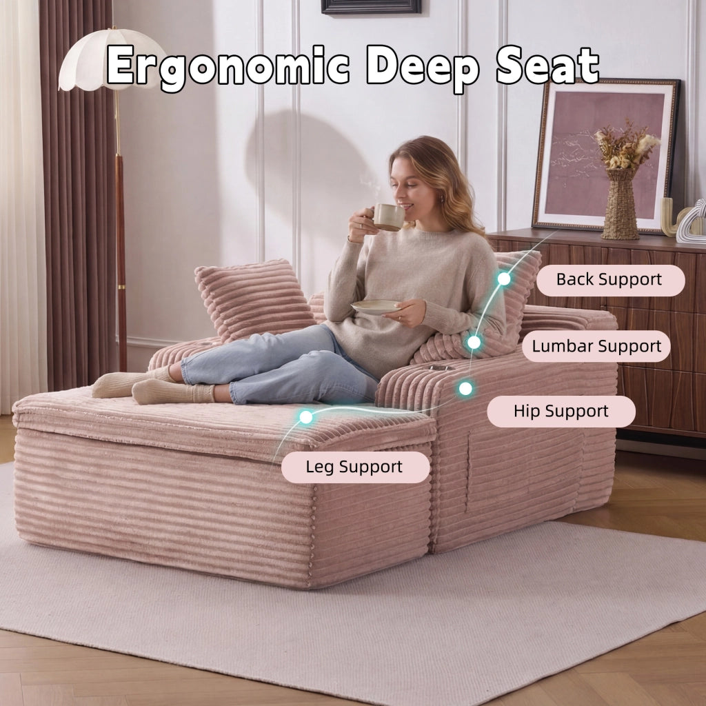 Divano modulare boneless con chaise longue cuscini e portabicchieri senza montaggio per salotto in velluto a coste rosa