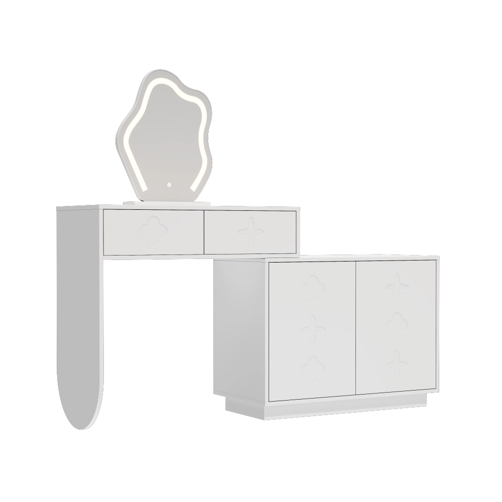 Toeletta con specchio LED a illuminazione regolabile, due cassetti, vani contenitori modulari e cassettiera bianca in stile moderno