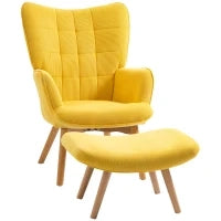 Poltrona d'Arredo con Pouf, Poltrona Relax in Effetto Corda, Poltrona con Braccioli e Gambe in Legno, per Soggiorno, Giallo