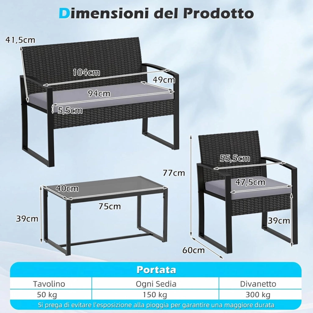 Set Salotto da Giardino a 4 Pezzi, Divanetto in Rattan con 2 Poltrone Ergonomiche e Tavolino con Piano in Vetro Temperato, Set Mobili da Esterno con Cuscini per Balcone e Patio (Grigio)