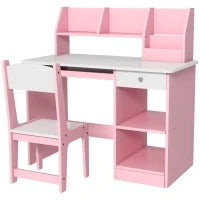 Scrivania per bambini con sedia ergonomica con piano scorrevole, cassetto, nicchie e mensole aperte 90 x 45 x 90 cm rosa