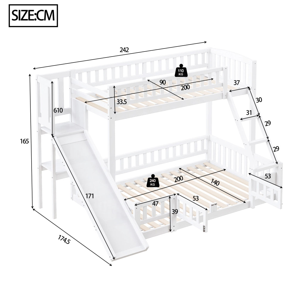 DESMIU Letto a castello per bambino 140 × 200 cm con scivolo, scala, ripiani, senza materasso, bianco