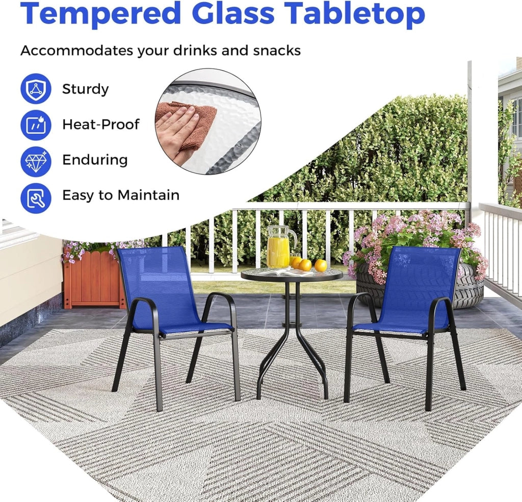 Set da Bistrò in Tessuto Textilene, Set da Giardino in 3 Pezzi, Tavolo Rotondo in Vetro Portato 50 kg, Sedie Portate 150 kg, Set Tavolo e Sedie da Esterno, Patio, Cortile, Veranda (Navy)