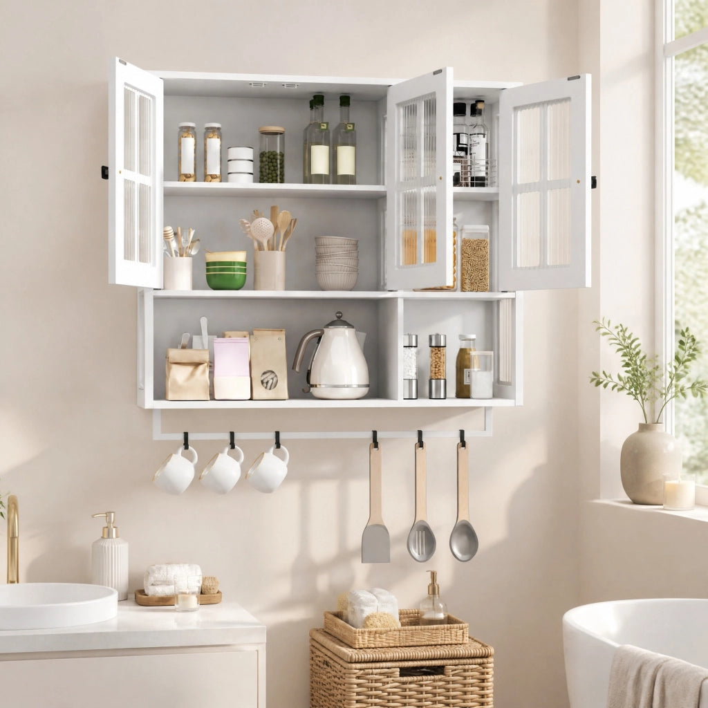Pensile da bagno bianco a 3 ante con vetro e portasalviette