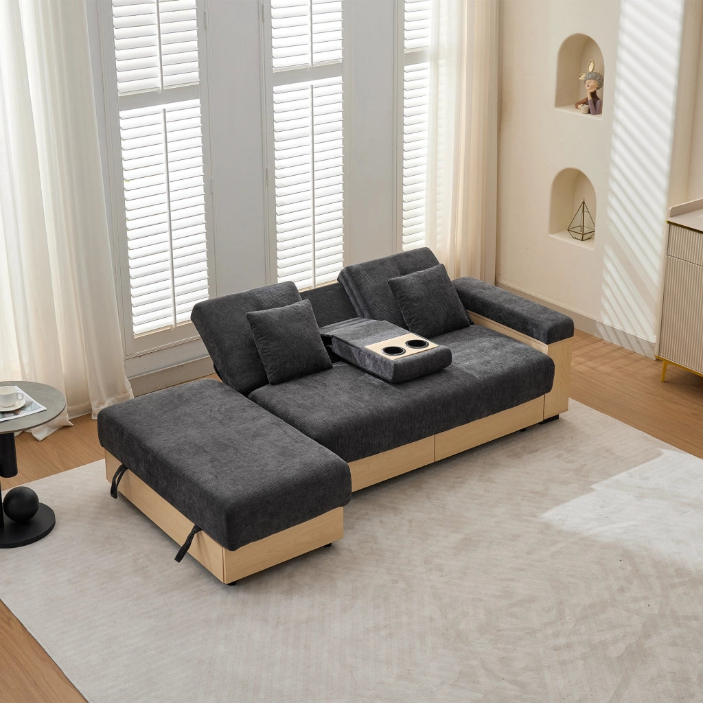 Divano modulare, schienale regolabile, 2 cassetti, tessuto chenille, struttura in MDF, con portabicchieri, poggiapiedi con vano portaoggetti, grigio