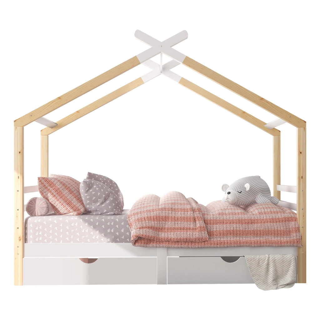 Letto a casetta per bambini con cassetti, in legno di pino e MDF, con rete a doghe, bianco, 90x200 cm