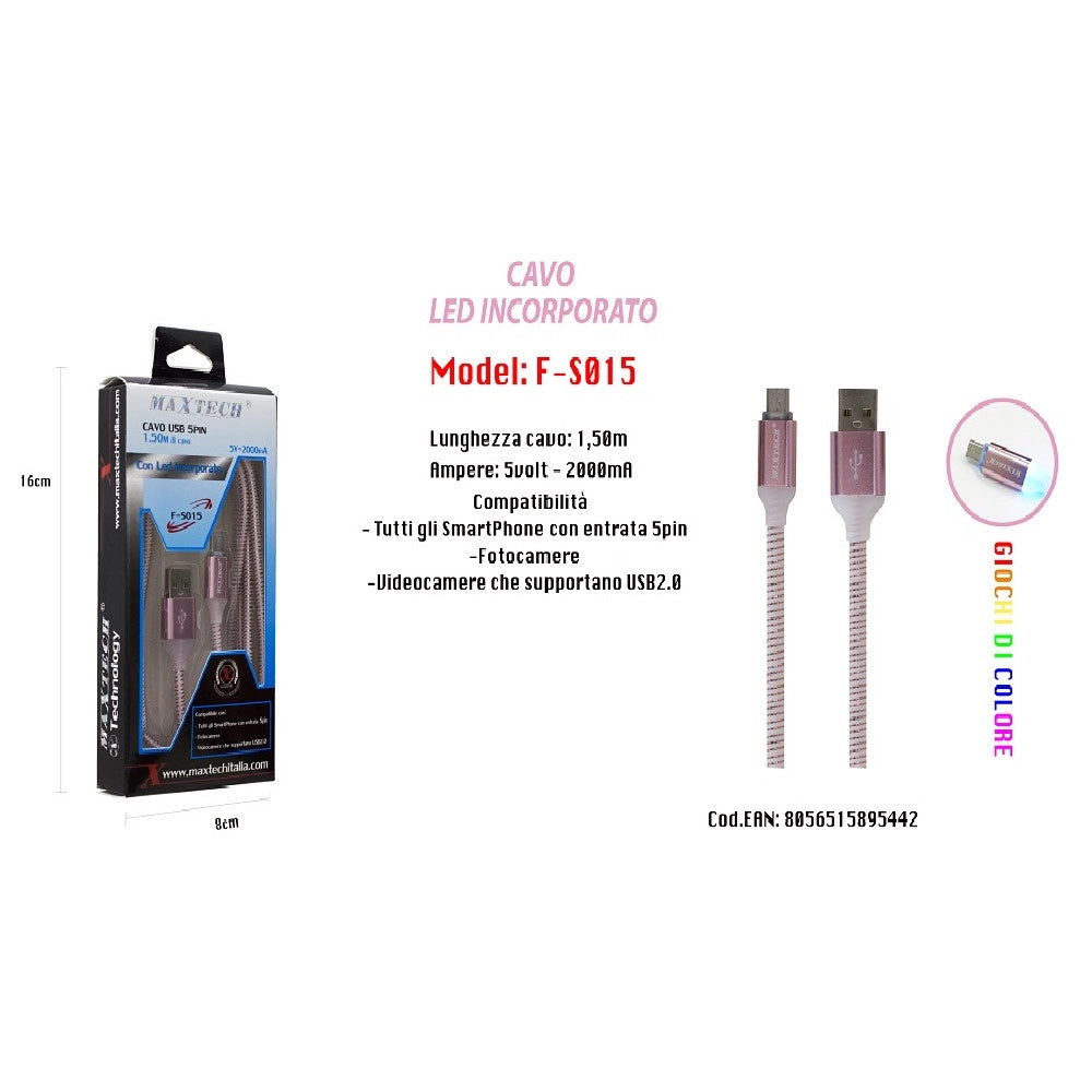 Trade Shop - Cavo Di Ricarica Usb Led Incorporato Smartphone Fotocamere 5v-2000ma 1,50mt Maxtech F-s015 -