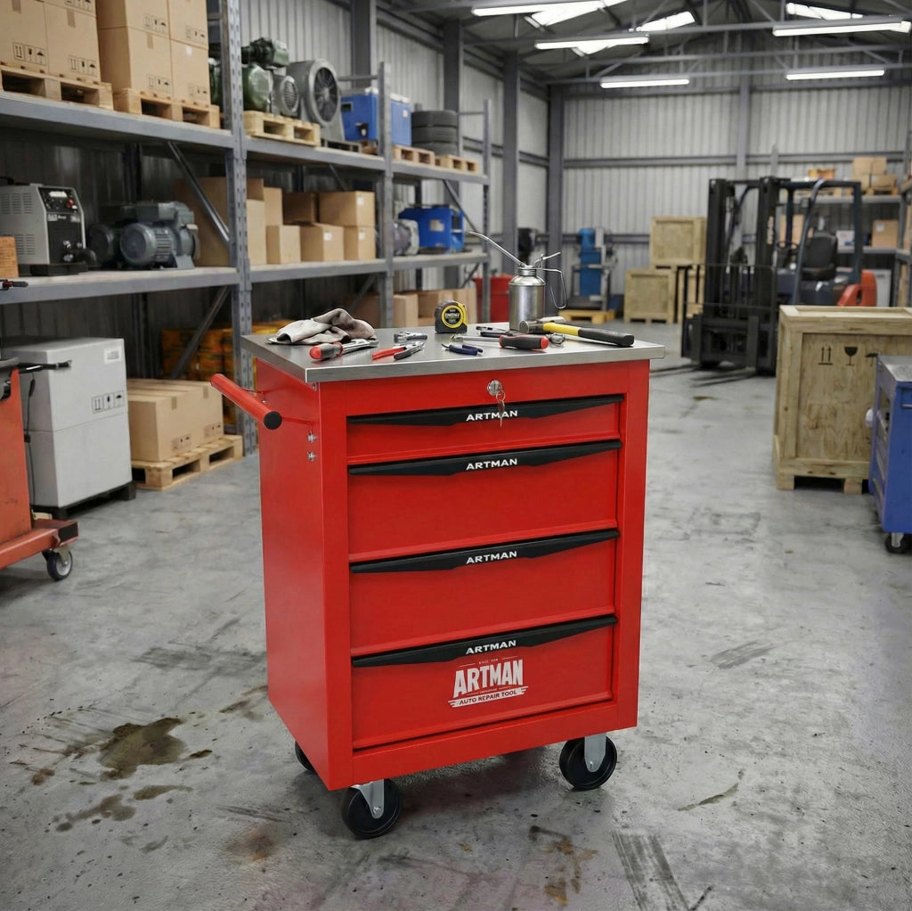 Carrello portautensili a 4 cassetti con ruote e serratura rosso e nero HOMVRA