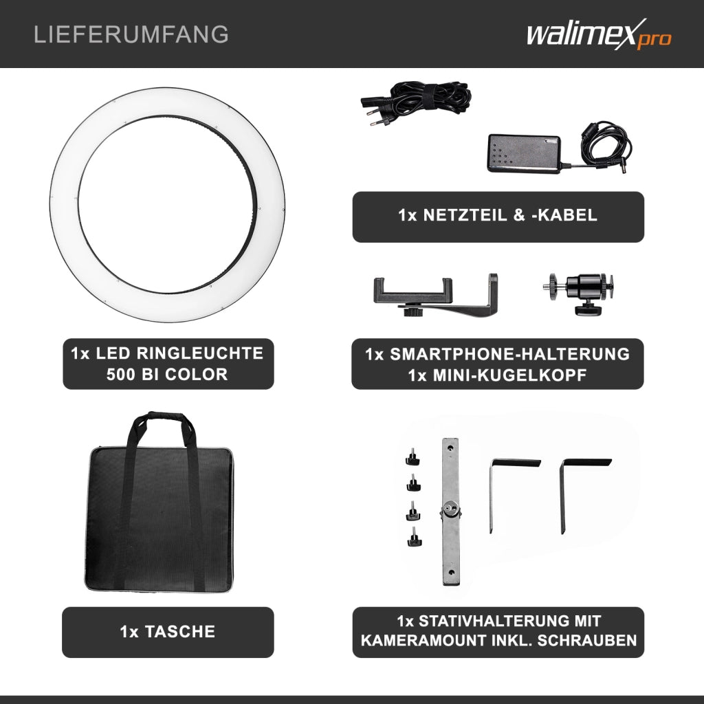 Ring light a LED 500 Bi-Color dimmerabile, Luce ad anello da 32W per foto e video con settori commutabili e accessori