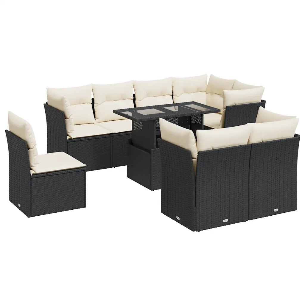 Set Divani da Giardino 9 pz con Cuscini Nero in Polyrattan 3326177