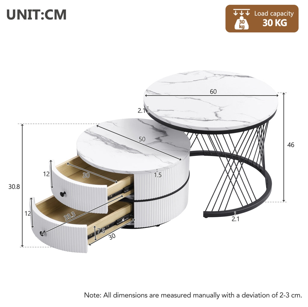 Set di tavolini da caffè rotondi 2 pezzi bianco; effetto marmo lucido; 60x60x46 cm e 50x50x31 cm