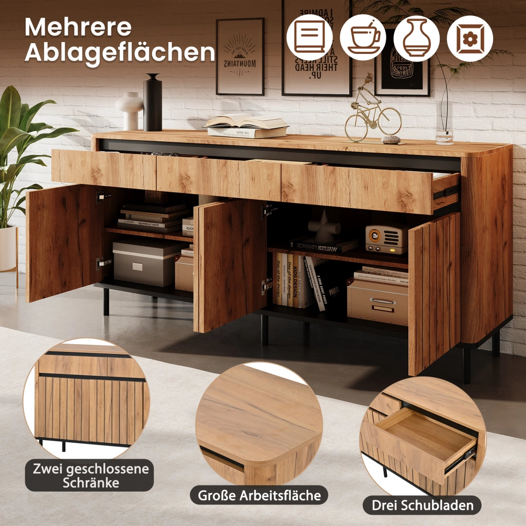 Credenza e madia con 3 cassetti e 3 ante a lamelle, per soggiorno e ingresso, in MDF naturale 160 × 40 × 73 cm