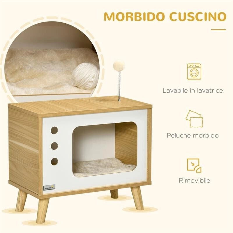 CASETTA PER GATTI IN TRUCIOLATO A FORMA DI TELEVISORE CON CUSCINO E PALLINA GIOCATTOLO, 50X28X43 CM