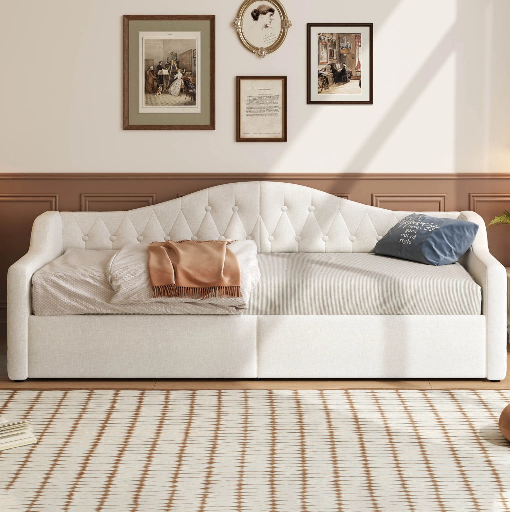 Letto da giorno imbottito 90x200 con LED e vano contenitivo, Beige