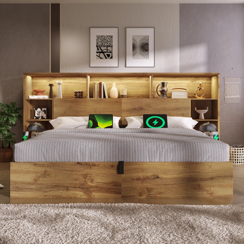 OKWISH Letto Contenitore 160×200 cm, Letto Matrimoniale con LED Regolabile, USB e Tipo C, Mensole e Comodini Integrati, con Materasso, Rovere