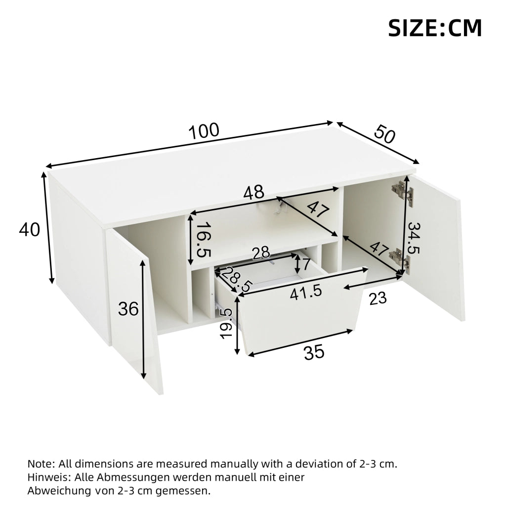 TAVOLINO DA SALOTTO LED 100x50x40 cm Bianco in Truciolare con 2 Armadietti e 1 Cassetto