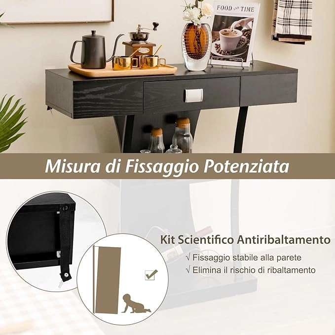 Tavolo Consolle in Legno, Tavolo Ingresso con Cassetti, Ripiani e 2 Kit Anti-ribaltamento, Tavolo Multiuso e Salvaspazio per Salotto, Camera da Letto e Corridoio, 91 x 30 x 88 cm (Nero)