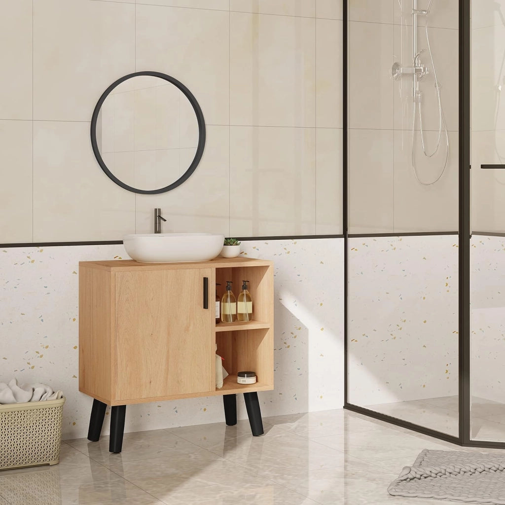 Set di Mobili da Bagno Salvaspazio, Armadietto Con Specchio, Mobiletto Sottolavabo da Terra, Rovere Chiaro+Nero