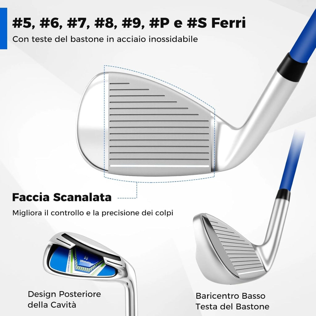 Set Completo di Mazze da Golf con Sacca a Treppiede, Include con Driver 1 da 460CC, Legno 3, Ibrido, Ferri 5, 6, 7, 8, 9, P, S, Putter e Copertura Antipioggia per Destrimani