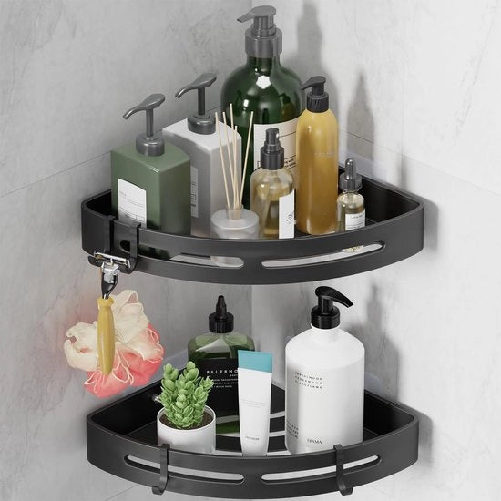 Due pezzi di supporto doccia per bagno accessori doccia senza fori mensola doccia per bagno rastrelliera doccia per la conservazione e l'organizzazione 4 ganci per bagno e cucina, caddy doccia in alluminio nero
