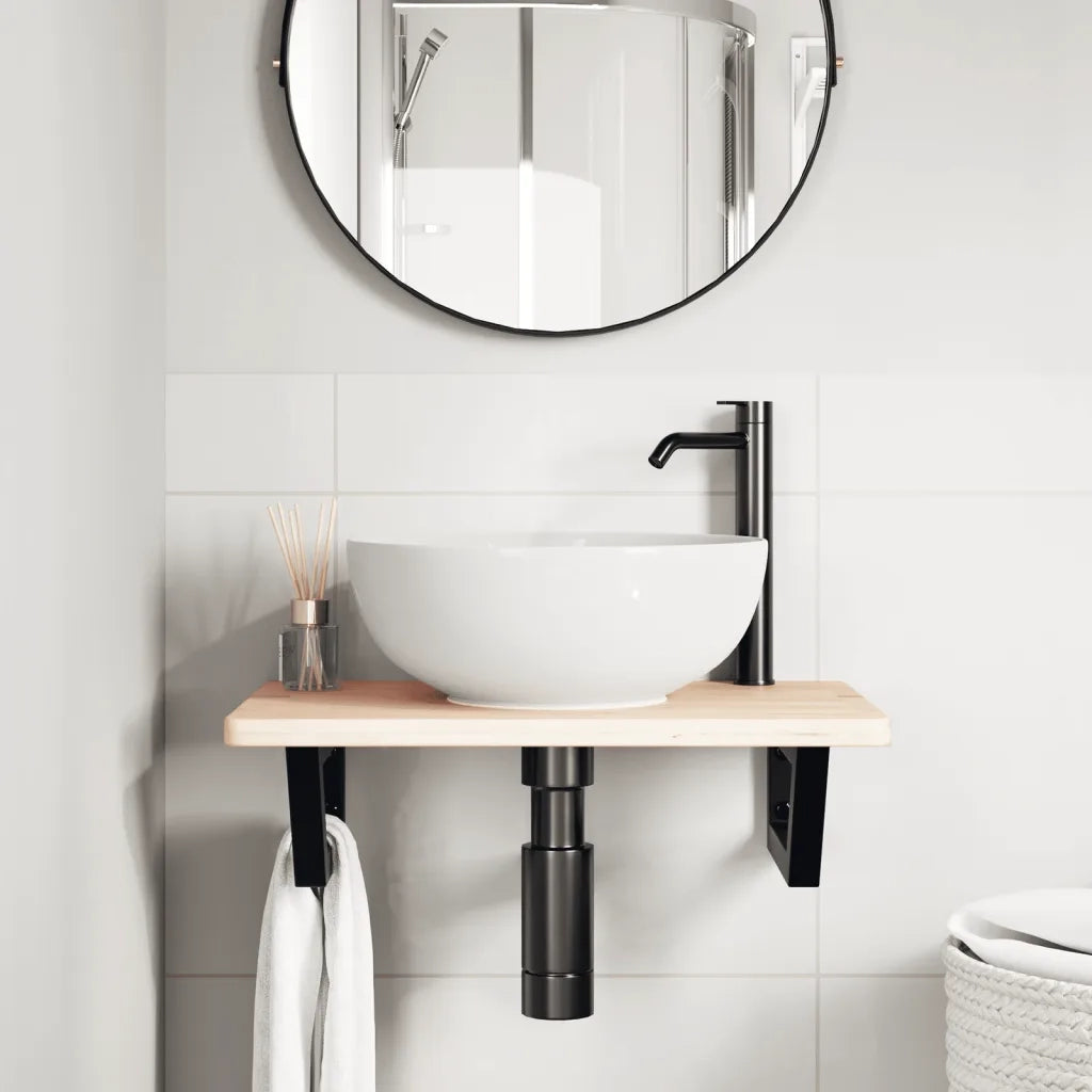 Ripiano a Parete per Lavabo in Acciaio e Massello di Rovere