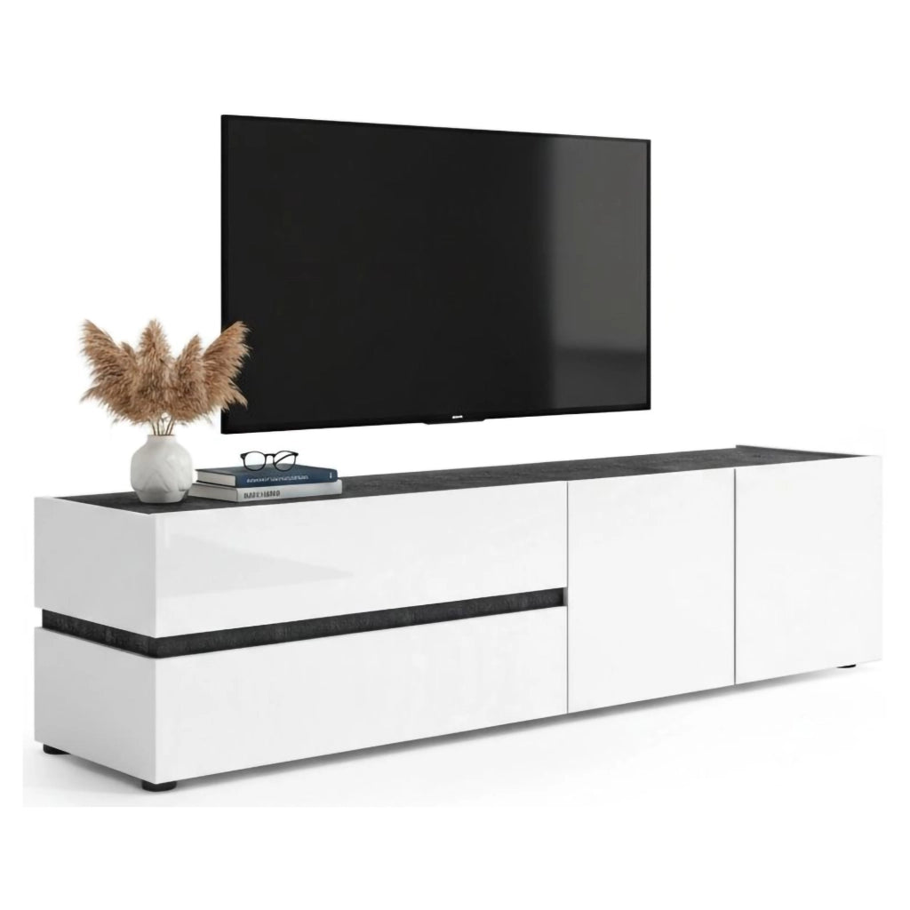 Basico, Mobile Porta tv 2 Cassetti Made in Italy, 180x47x42.6h cm Bianco Lucido