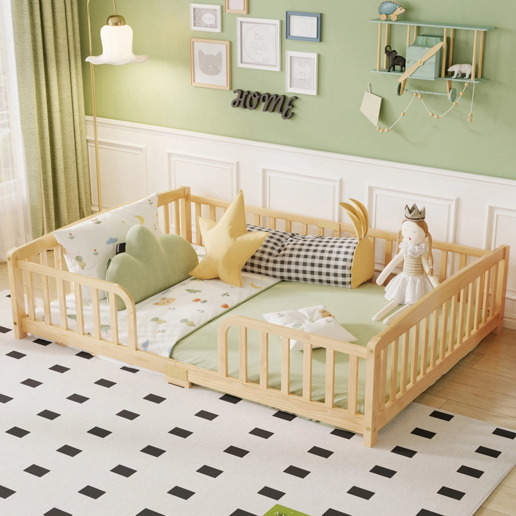 Letto per bambini 140 × 200 cm con barriera di sicurezza e ingresso centrale, senza materasso, in pino, naturale