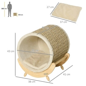 Cuccia per gatti con superficie tiragraffi, cuscino e struttura rialzata in legno, khaki, 41 x 38 x 43 cm
