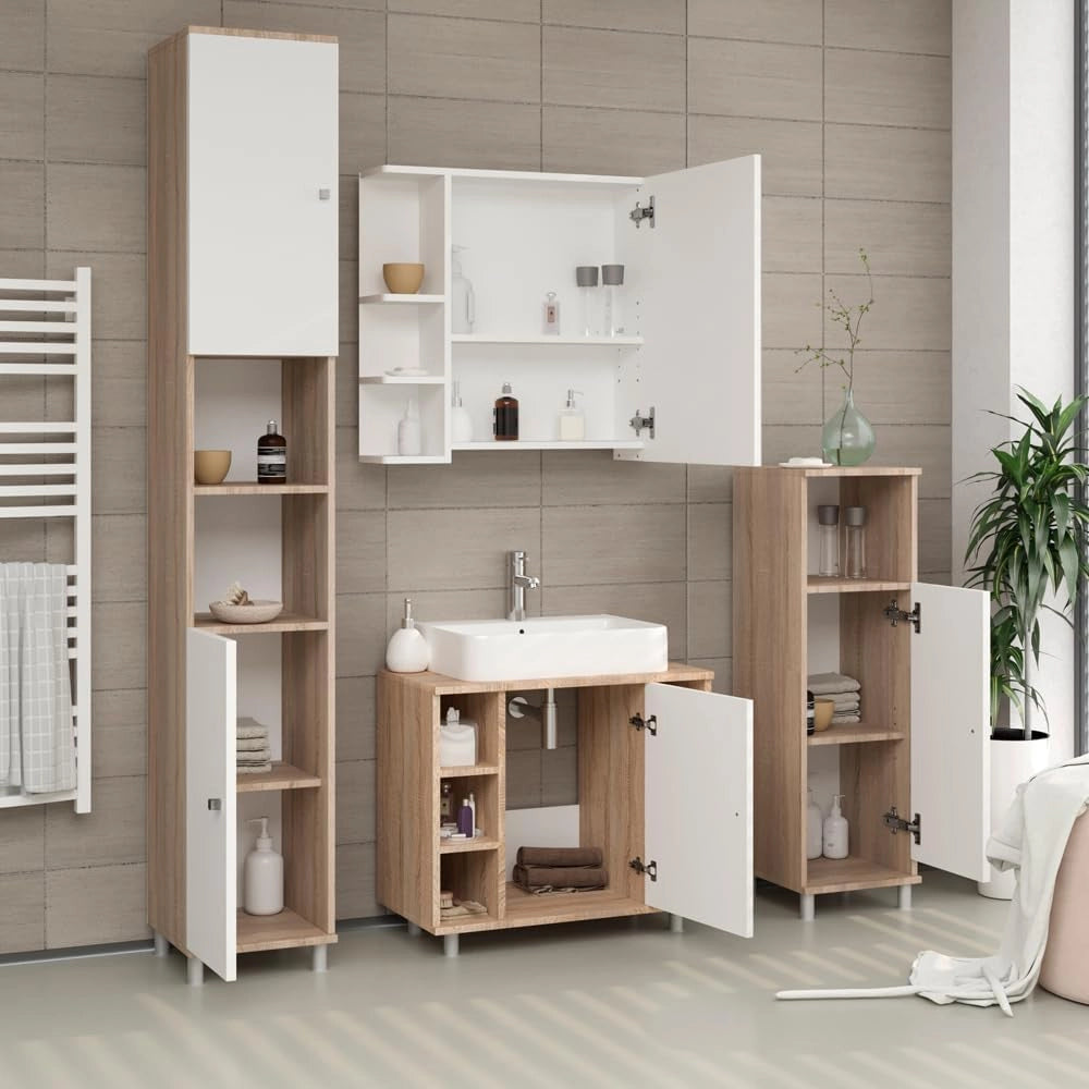 Mobile Midi Fynn, Sonoma/Bianco, 30 x 95 cm, per la conservazione di accessori da bagno e compatibile con Fynn