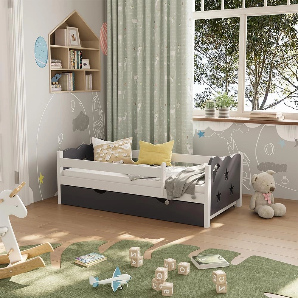 letto per bambini Jessica, Grigio, 70x140 cm con cassetto e materasso, estendibile come letto per ragazzi, combinabile con la serie Jessica