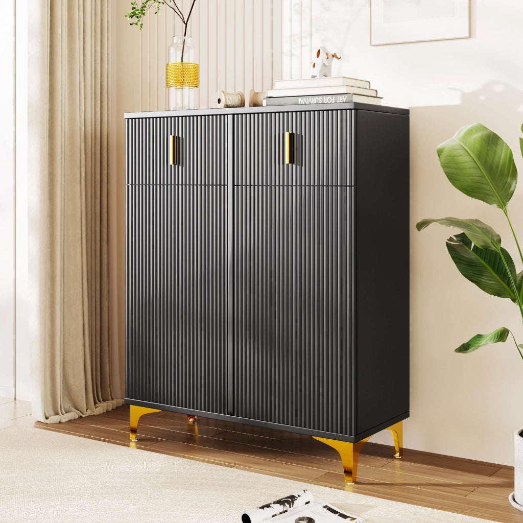 Credenza con 2 Ante e 2 Cassetti; Ripiani Regolabili e Push-to-open; Stile Moderno; in Pannello Truciolare; 83×35×101 cm; Nero