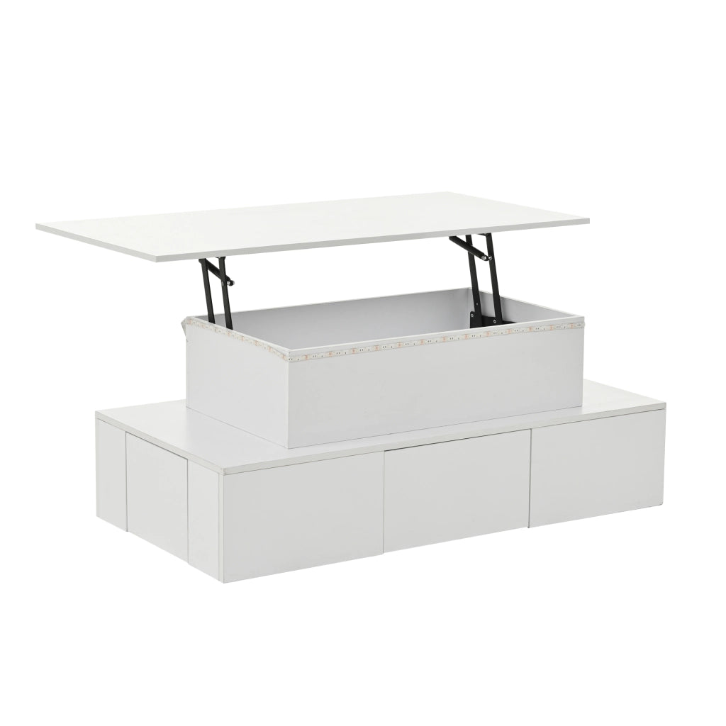 Tavolino da caffè alzabile con 4 cassetti; LED e vano nascosto - per soggiorno - 100 x 50 x 40 cm - in MDF - bianco