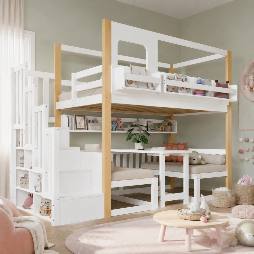 Letto a soppalco bambini 90x200 cm bianco e naturale